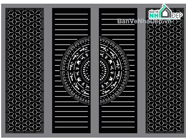 Cổng 4 cánh trống đồng bông tuyết,file dxf cổng 4 cánh,dxf cổng 4 cánh
