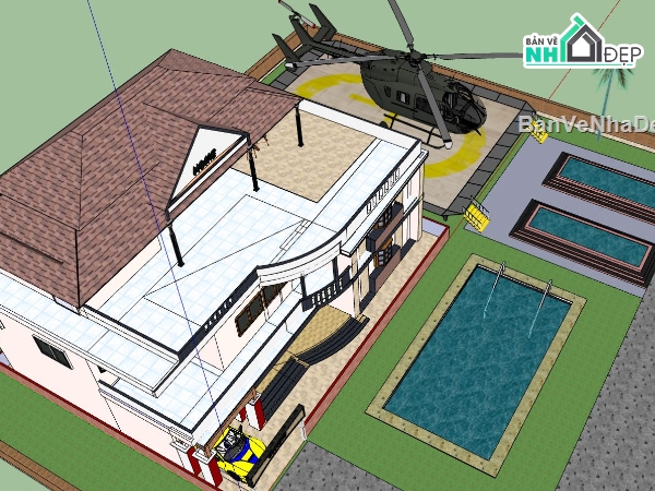 biệt thự 3 tầng,file sketchup biệt thự 3 tầng,phối cảnh biệt thự