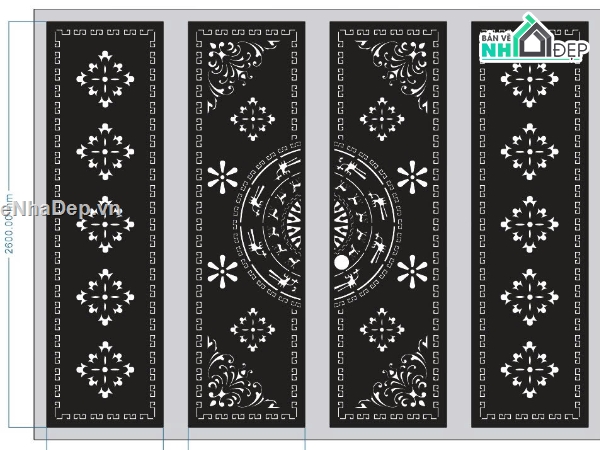 cổng 4 cánh trống đồng hoa,File dxf cổng 4 cánh,cổng 4 cánh trống đồng