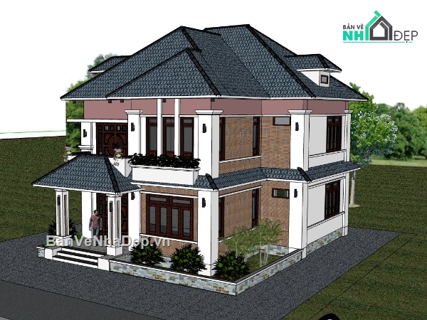 biệt thự 2 tầng,model biệt thự 2 tầng,sketchup biệt thự 2 tầng