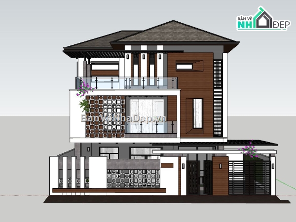 biệt thự 3 tầng,phối cảnh biệt thự 3 tầng,model sketchup biệt thự 3 tầng