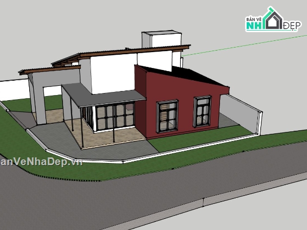 nhà phố 1 tầng,phối cảnh nhà phố 1 tầng,model sketchup nhà phố 1 tầng