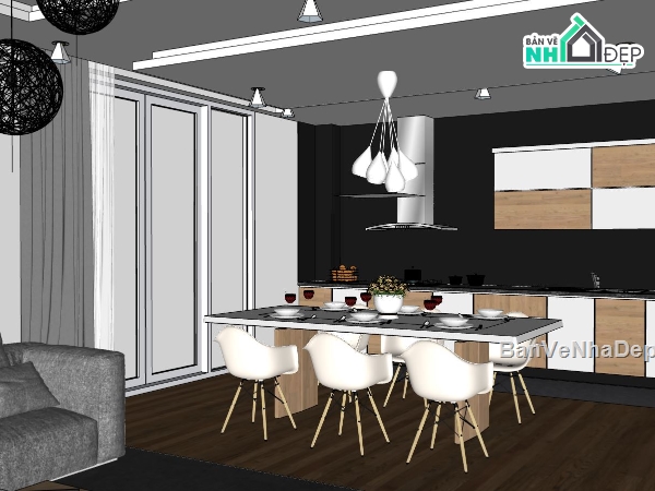 nội thất phòng bếp su,sketchup nội thất phòng ăn,model su phòng bếp,phòng bếp hiện đại