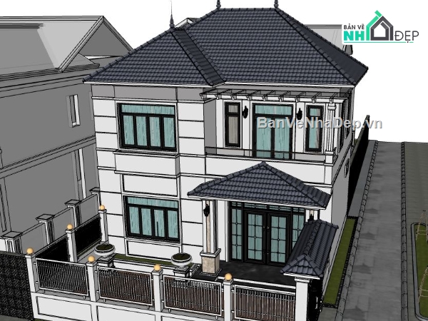 biệt thự 2 tầng,biệt thự sketchup,sketchup biệt thự,biệt thự mái nhật