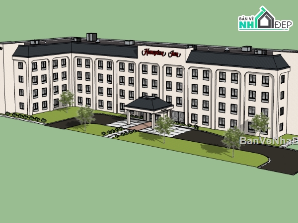 Dựng bao cảnh khách sạn file su,thiết kế 3d su khách sạn,khách sạn 4 tầng file sketchup