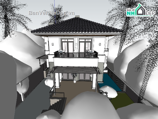 biệt thự 2 tầng,su biệt thự,sketchup biệt thự