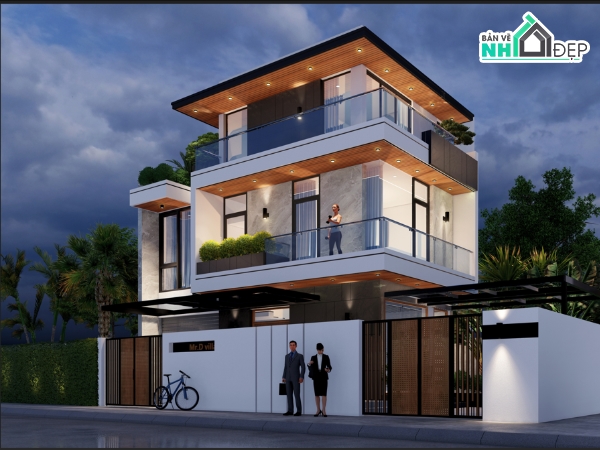 Bản vẽ nhà phố 3 tầng,Model sketchup nhà 3 tầng,nhà 3 tầng hiện đại 9x9.8m,nhà 3 tầng sketchup