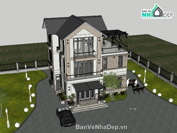 Biệt thự 3 tầng,sketchup biệt thự,sketchup biệt thự 3 tầng