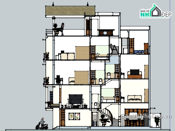 nhà 5 tầng,su nhà 5 tầng,sketchup nhà lệch tầng