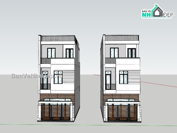 nhà phố 3 tầng,nhà lô phố 3 tầng,nhà phố 3 tầng sketchup,phối cảnh nhà lô phố,model su nhà phố 3 tầng