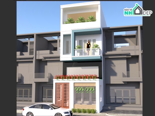 File sketchup nhà phố 3 tầng có gác lửng,Model sketchup nhà phố 3 tầng,Phối cảnh nhà phố 3 tầng