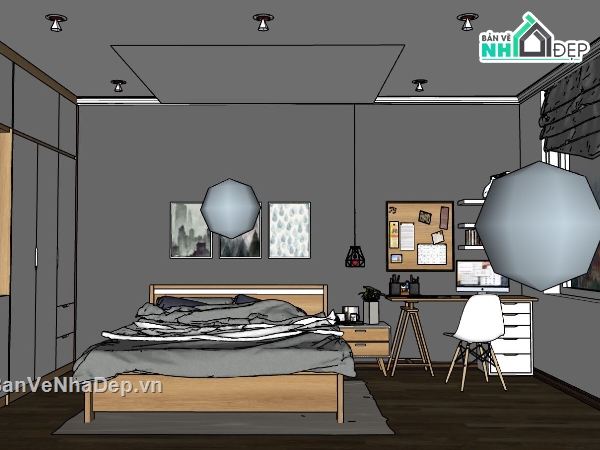 sketchup nội thất phòng ngủ,mẫu phòng ngủ,phòng ngủ sketchup,model phòng ngủ hiện đại