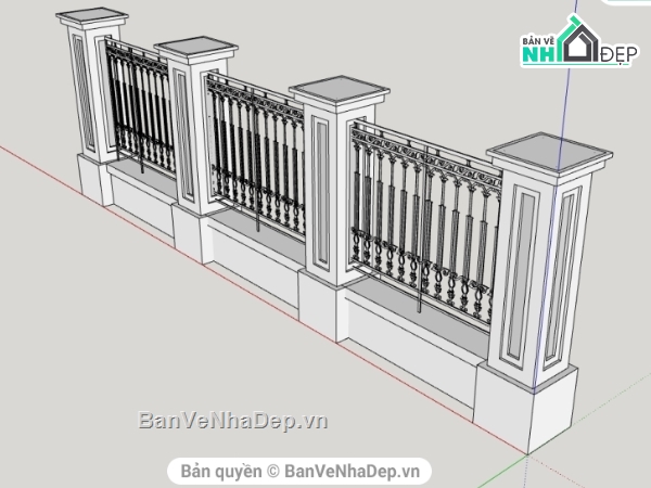 Model sketchup thiết kế hàng rào sắt kích thước trụ 500x500x2100mm