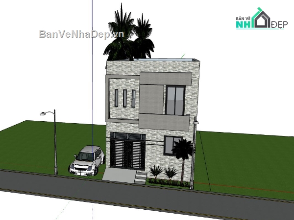 nhà phố 2 tầng,sketchup nhà phố,phối cảnh nhà phố,nhà phố hiện đại