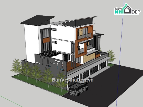 biệt thự 3 tầng,sketchup biệt thự,phối cảnh biệt thự,bản vẽ biệt thự