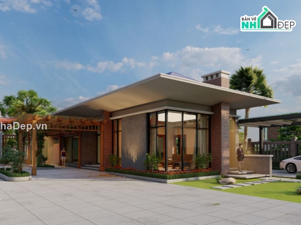 sketchup biệt thự,biệt thự 1 tầng,phối cảnh biệt thự,sketchup biệt thự 1 tầng