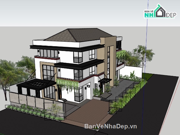 biệt thự 3 tầng,sketchup biệt thự,biệt thự hiện đại