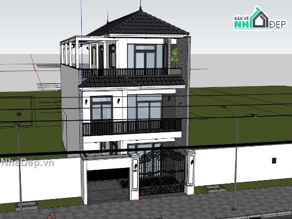 biệt thự 3 tầng,file sketchup biệt thự 3 tầng,phối cảnh biệt thự,biệt thự hiện đại