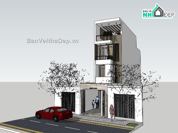 nhà phố 3 tầng,nhà phố 3 tầng 1 tum,sketchup nhà phố 3 tầng 1 tum