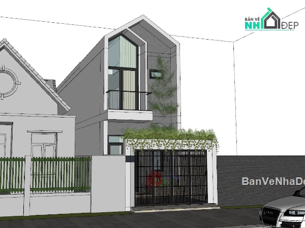 Sketchup,Nhà 2 tầng,Nhà phố 2 tầng,Nhà phố 4x16m,ngoại thất