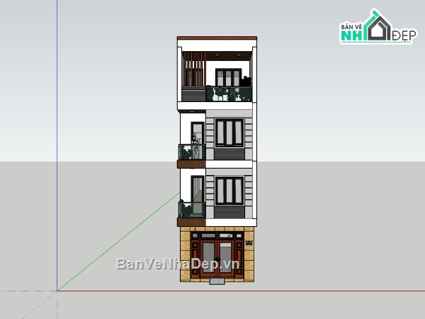 Sketchup nhà phố 4 tầng,nhà ống 4.5x13.5m,thiết kế nhà phố hiện đại