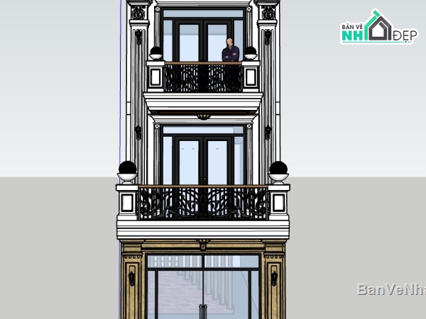 nhà phố 3 tầng,bản vẽ nhà phố tân cổ điển,model sketchup nhà phố,file su nhà phố 3 tầng