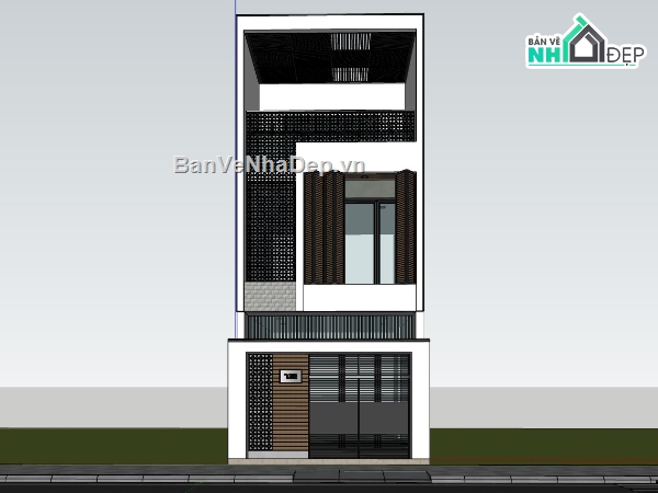 Sketchup nhà phố 3 tầng,nhà phố 5x15.4m,thiết kế nhà phố hiện đại