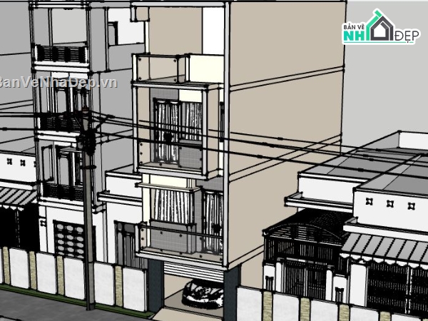 file su nhà phố 4 tầng,phối cảnh nhà phố 4 tầng,thiết kế nhà phố hiện đại,file nhà phố sketchup