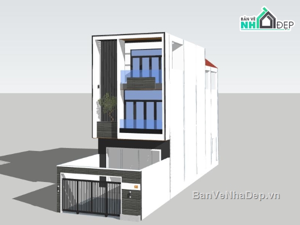 nhà phố 3 tầng,sketchup nhà phố 3 tầng,ngoại cảnh nhà phố,nhà phố hiện đại