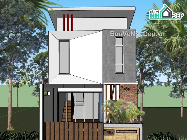 nhà phố sketchup,nhà phố 2 tầng,nhà phố 2 tầng hiện đại,mẫu nhà phố 2 tầng sketchup