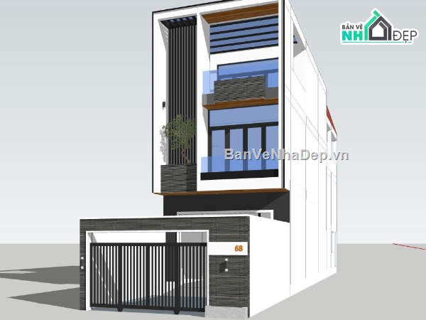 Sketchup nhà phố 3 tầng,nhà phố 5.4x19.4m,thiết kế nhà phố hiện đại