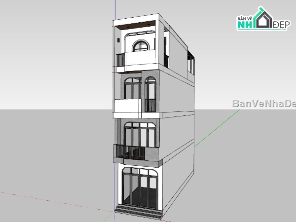 Sketchup nhà phố 4 tầng,nhà ống 3.6x16m,thiết kế nhà phố hiện đại
