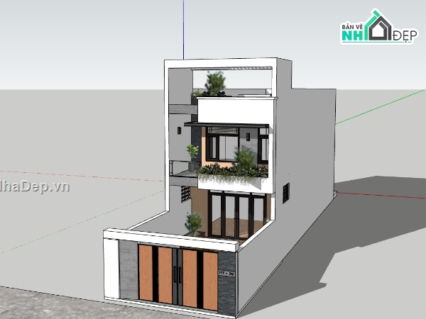 Sketchup nhà phố 2 tầng,nhà phố 5.7x24.5m,thiết kế nhà phố hiện đại
