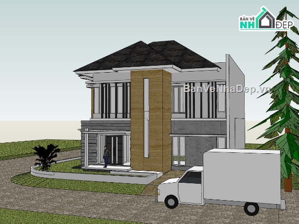 sketchup biệt thự 2 tầng,model su biệt thự 2 tầng,file sketchup biệt thự hiện đại