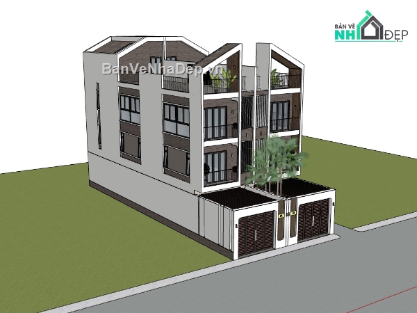 biệt thự 4 tầng,su biệt thự,biệt thự song lập,biệt thự song lập 4 tầng,sketchup biệt thự song lập 4 tầng
