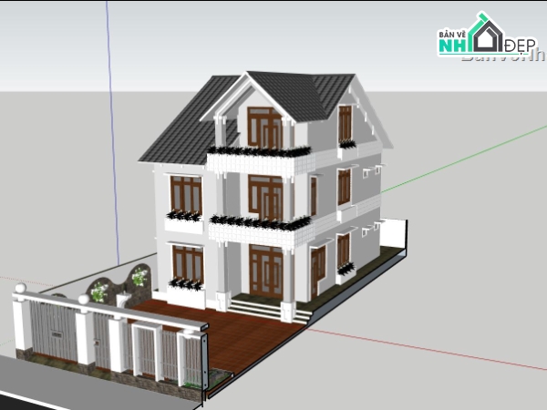 biệt thự 3 tầng,sketchup biệt thự,phối cảnh biệt thự,dựng 3d biệt thự