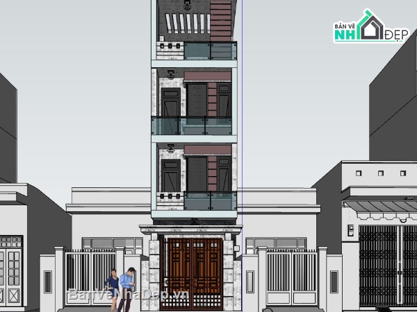 nhà phố 4 tầng,sketchup nhà phố 4 tầng,phối cảnh nhà phố hiện đại