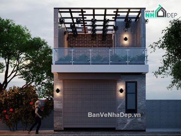 nhà 2 tầng,nhà hiện đại,nhà 2 tầng hiện đại,file cad nhà phố 2 tầng