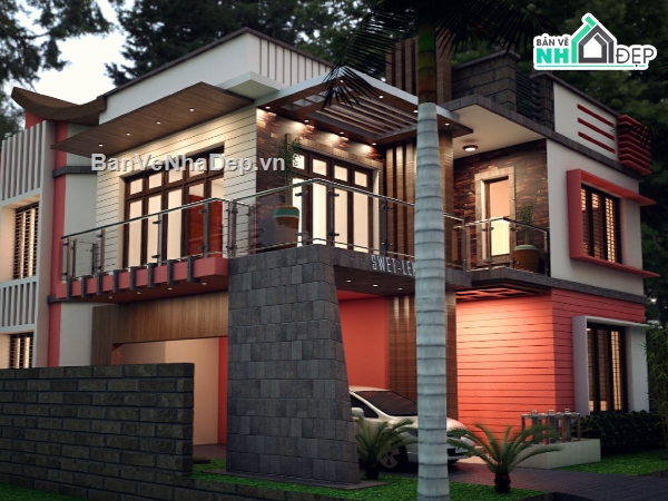 Biệt thự  2 tầng,mẫu biệt thự sketchup,biệt thự hiện đại