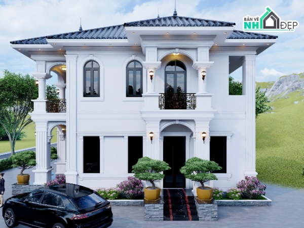 bản vẽ 2 tầng,nhà 2 tầng mái nhật đẹp,biệt thự 2 tầng mái nhật,file cad biệt thự 2 tầng