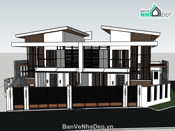 Biệt thự song lập,Biệt thự  2 tầng,biệt thự sketchup,biệt thự hiện đại