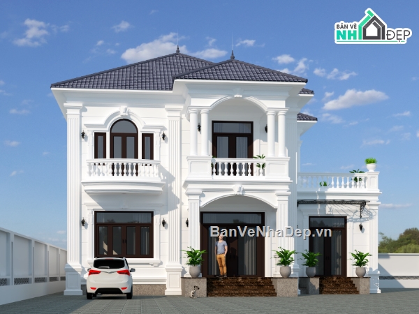 Biệt thự 2 tầng tân cổ điển 13x13m,Biệt thự 2 tầng tân cổ điển 5 phòng ngủ,Biệt thự 2 tầng tân cổ điển mái Nhật