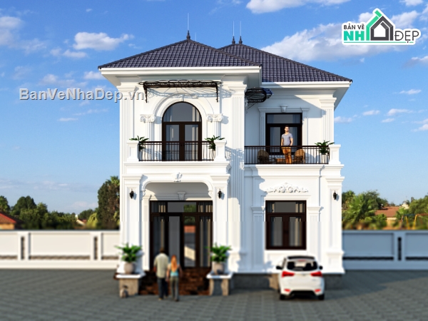 Biet thu 2 tang tan co dien,Biet thu 2 tang 9x13,Biet thu 2 tang tan co dien 9x13