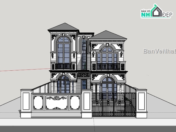 Biệt thự tân cổ điển,biệt thự sketchup 2 tầng,bản vẽ biệt thự 3d