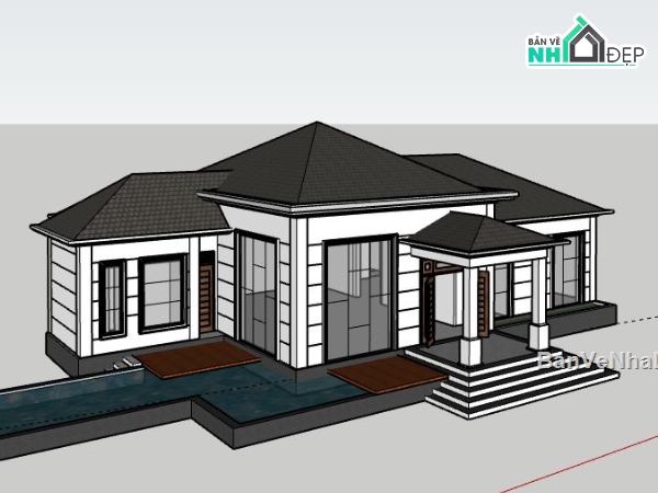 Biệt thự 1 tầng,Model su biệt thự 1 tầng,sketchup biệt thự 1 tầng