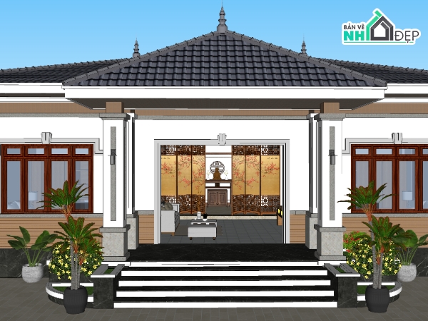 Nhà cấp 4,bản vẽ nhà cấp 4,nhà cấp 4 rộng 15m,nhà cấp 4 đẹp,phối cảnh nhà cấp 4 đẹp