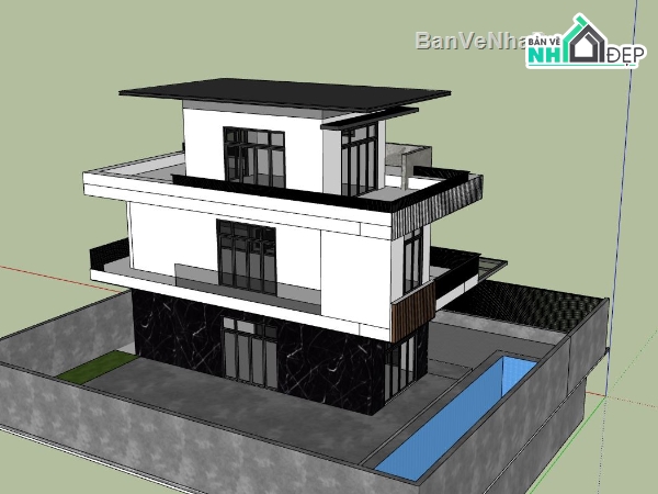 Nhà phố 2 tầng,phối cảnh nhà phố 2 tầng,sketchup nhà phố 2 tầng