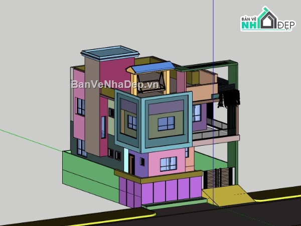 Nhà phố 3 tầng,model su nhà phố 3 tầng,file sketchup nhà phố 3 tầng