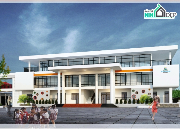 Nhà hiệu bộ,trường,mầm non,trường mầm non 3 tầng