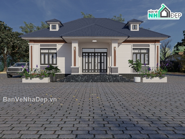 nhà mái nhật có phối cảnh,3d nhà vườn,biệt thự vẽ bằng  sketchup,nhà mái nhật 1 tầng,nhà mái nhật thực tế